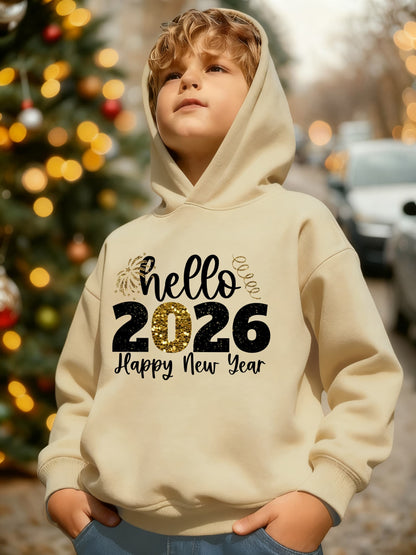 Boys' 2026 New Year Hooded Sweatshirt - Hello 2026 Happy New Year Lettering, Mint Green with Golden Accents, Loose Fit Long Sleeve Pullover for Boys