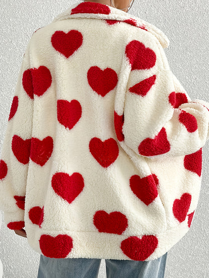 Women'S Elegant Heart Pattern Fleece Jacket - Cozy Long Sleeve Zip-Up Coat with Red Hearts, Beige, Perfect for Fall & Winter, Casual Style, Casual Winter Wear | Heart Pattern Jacket | Zippered Jacket