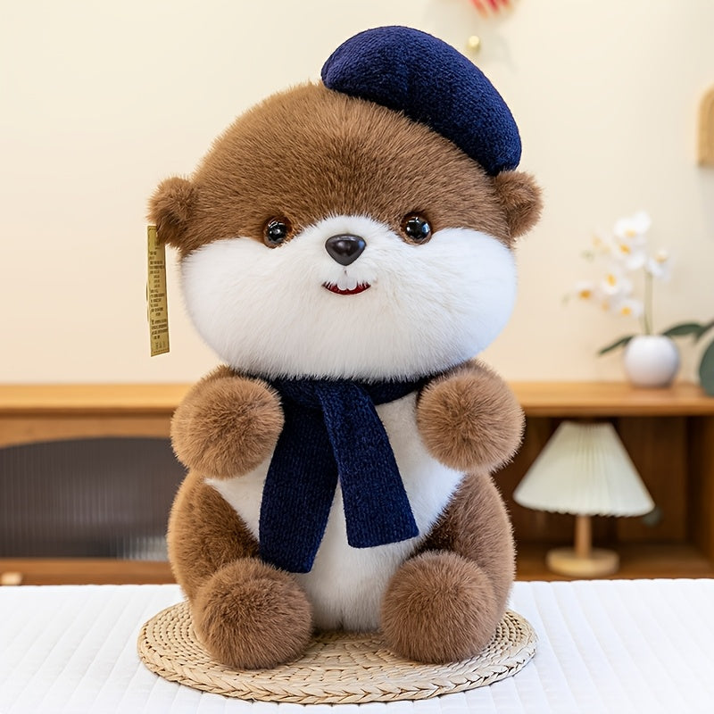 Cute Beret Beaver Plush Toy | Soft Stuffed Animal Doll with Scarf, Adorable Beaver Plushie Birthday Gift for Girls and Children, Polyester Fiber, and Dark Brown