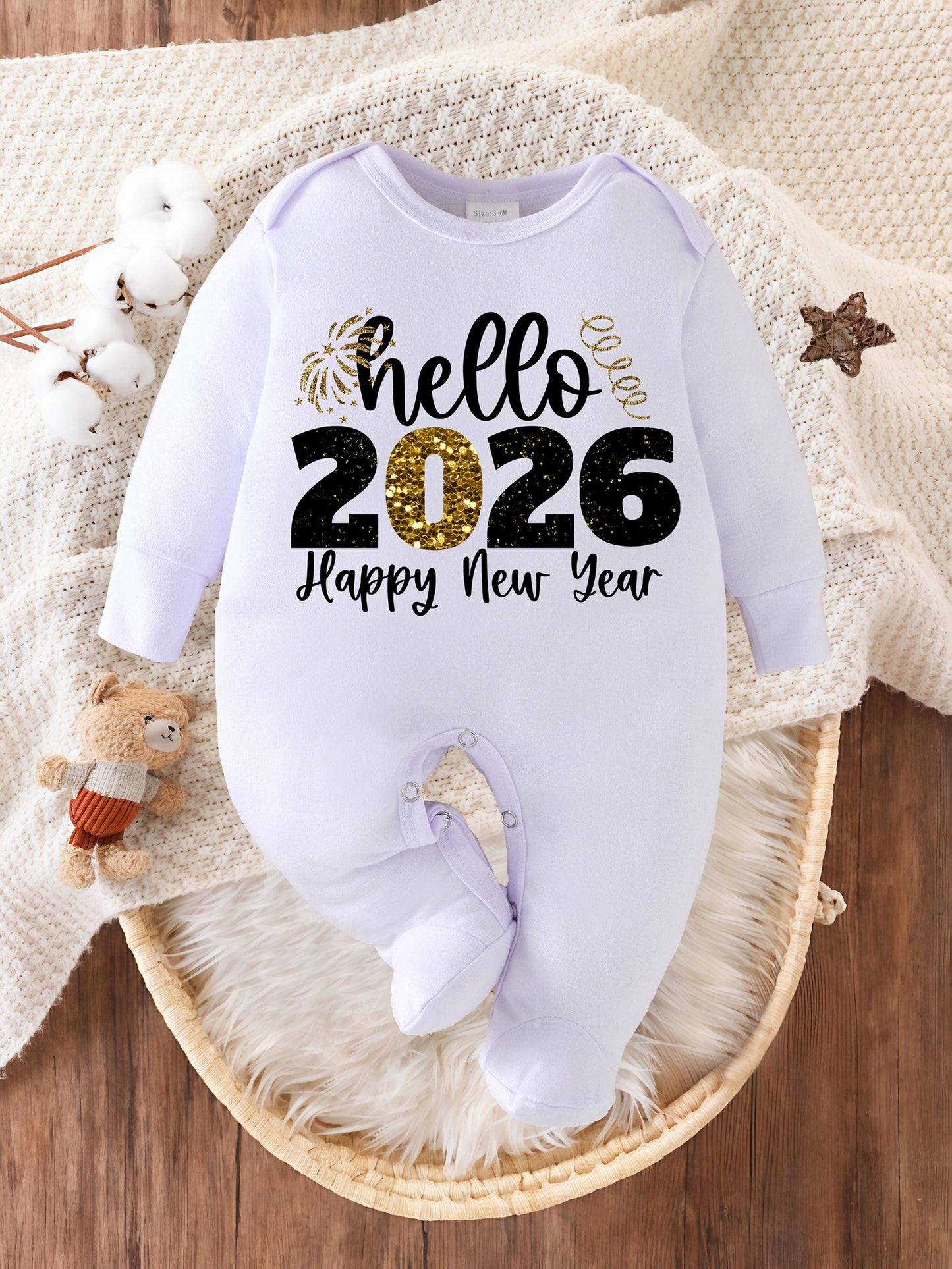 Hello 2026 Happy New Year Alphabet Print Newborn Baby Bodysuit | All-season, Footed, Casual Style, Suitable for Baby Boy, for Outdoor