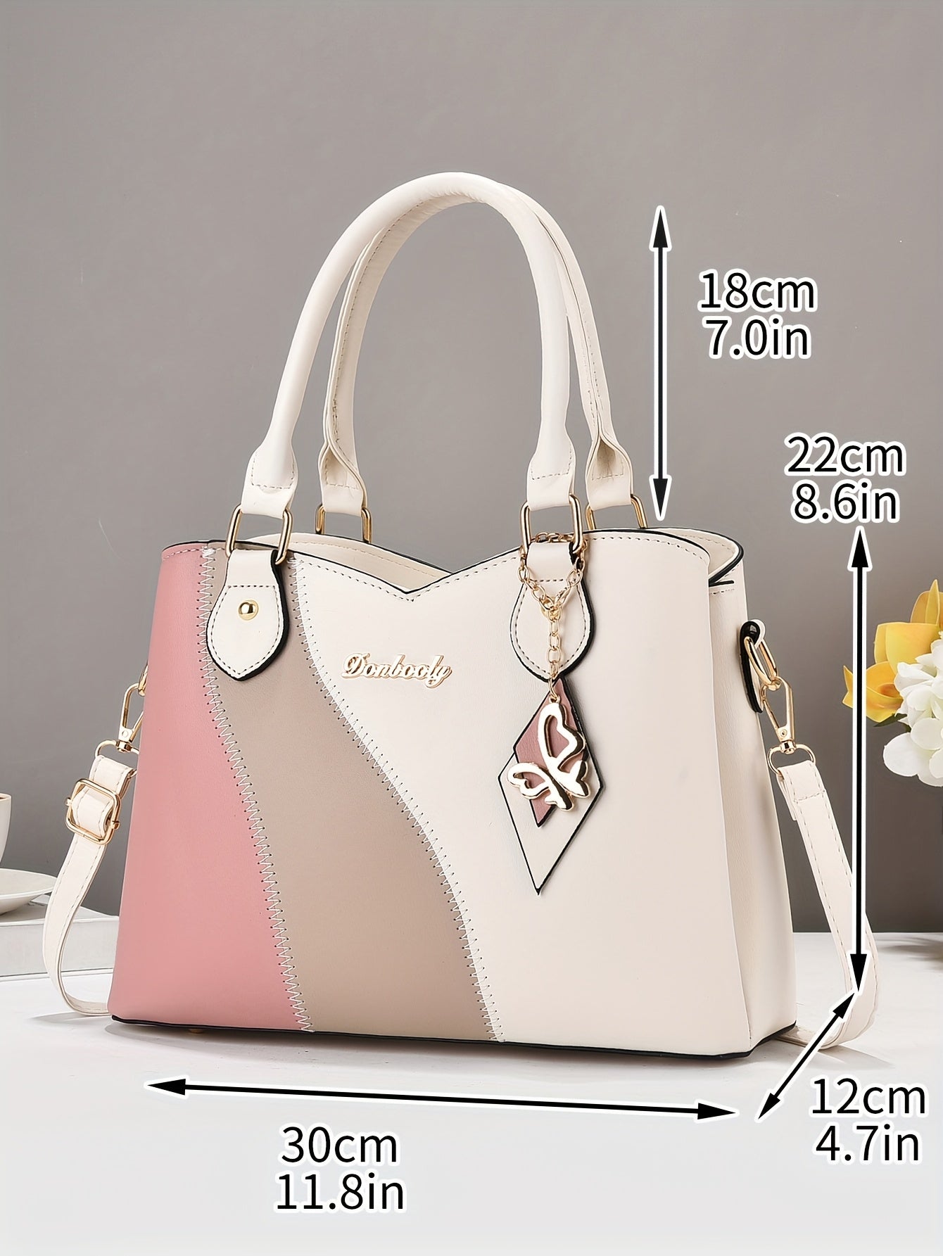 Wo 's Casual Geometric Two-Tone Large Capacity   Handbag with Adjustable   Strap, Detachable Wristlet & Zipper Closure - in Khaki/White/Pink/Red/Green/Black, Travel Accessory, Stylish Accessory, Durable Construction, Spacious