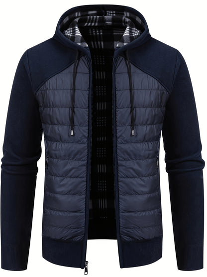 Men's Quilted Hooded Zip-Up Jacket with Plaid Lining for Winter