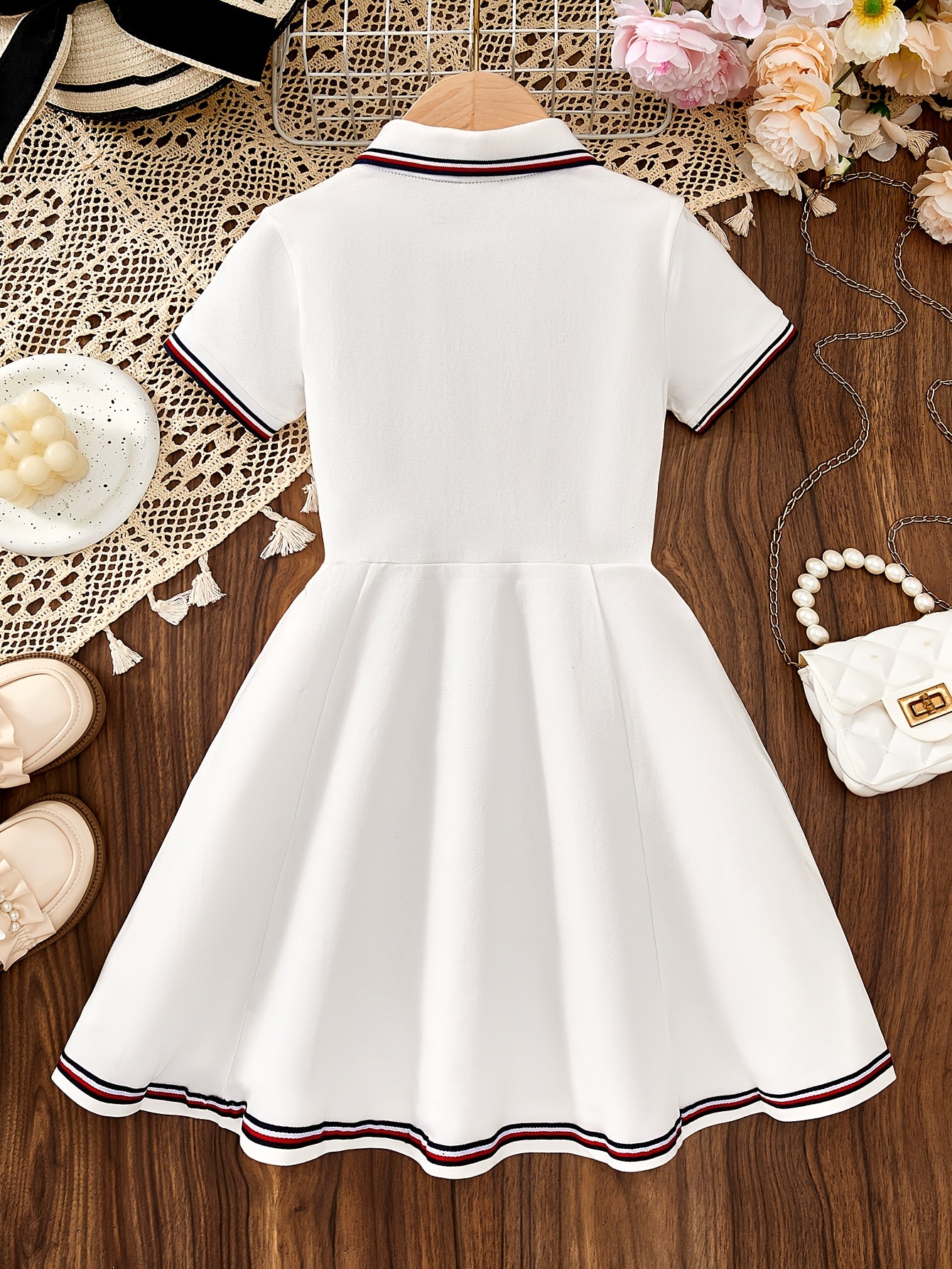 Girls' Casual Polo Dress with Embroidered Collar, Cotton Blend