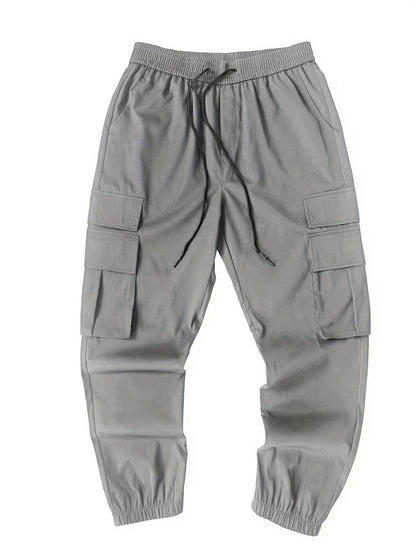 Men's Casual Solid Color Cargo Pants with Drawstring Waist