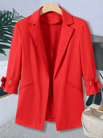 Women's Elegant Red Blazer Jacket - No-Buckle Open Front Long Sleeve Coat, Machine Washable H-Silhouette Solid Color for All-Season Office & Casual Wear