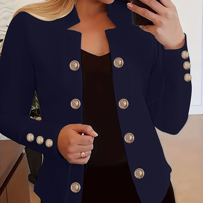 Plus Size, Women's Navy Blue Double-Breasted Blazer - Elegant Long Jacket with Button Front Closure, Machine Washable Office & Party Coat for Women, Formal Everyday Chic Outerwear, Spring Fashion, Classic Silhouette, Structur