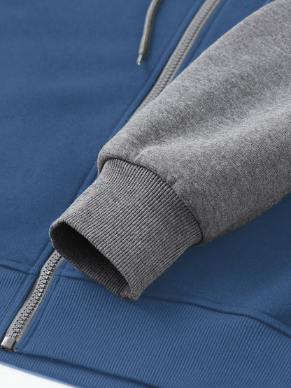 Men's Casual Sports Hoodie Two-Piece Set Four Seasons Color-Matching Zipper Drawstring Waist Jogging Suit