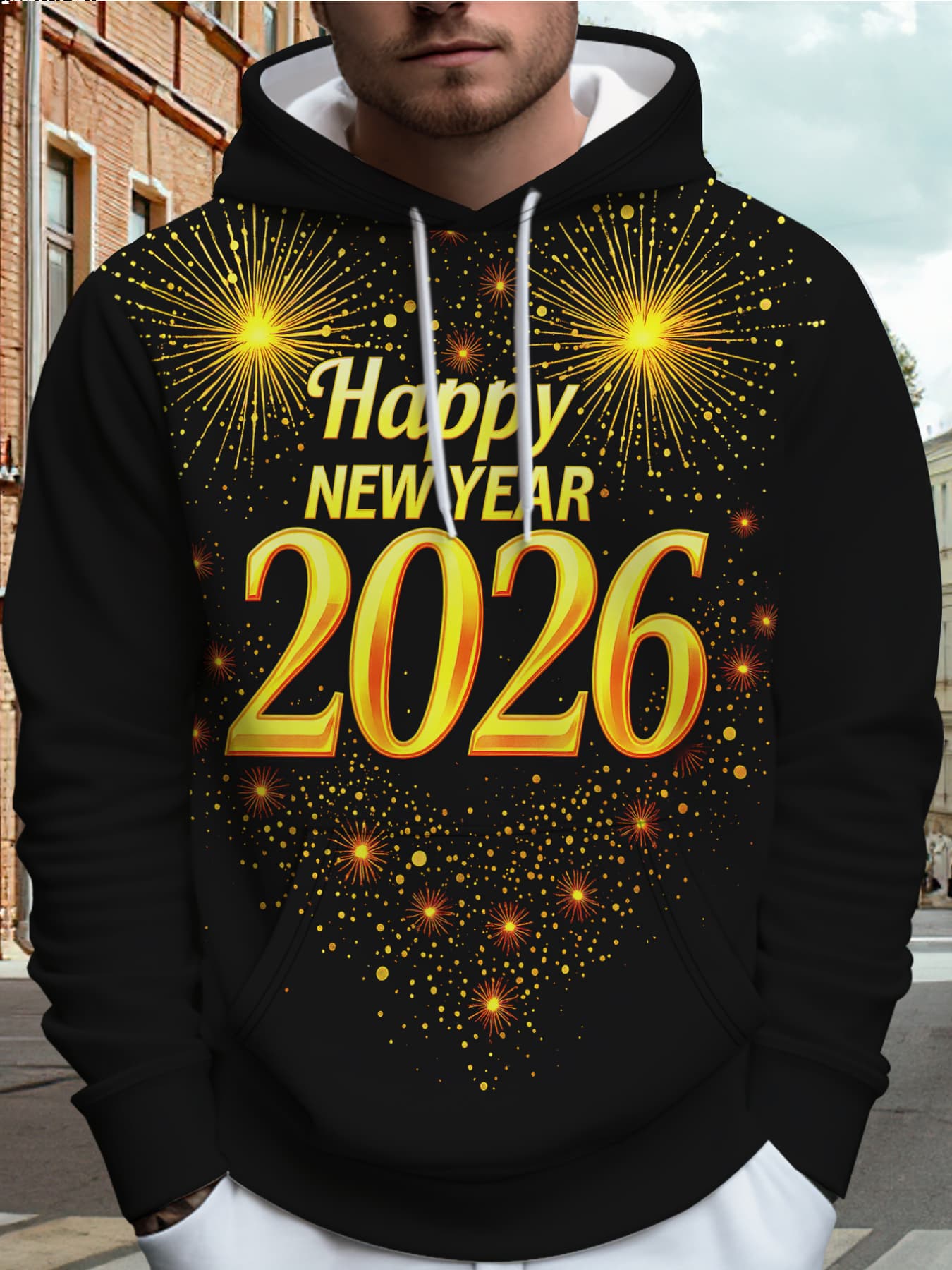 Men's 2026 New Year Fireworks Print Hooded Sweatshirt - Winter Warm Loose-Fit Pullover Hoodie with Firework Patterns, Machine Washable Casual Sweater for Christmas & NYE Parties (Red/Golden/White)