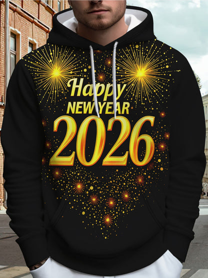 Men's 2026 New Year Fireworks Print Hooded Sweatshirt - Winter Warm Loose-Fit Pullover Hoodie with Firework Patterns, Machine Washable Casual Sweater for Christmas & NYE Parties (Red/Golden/White)