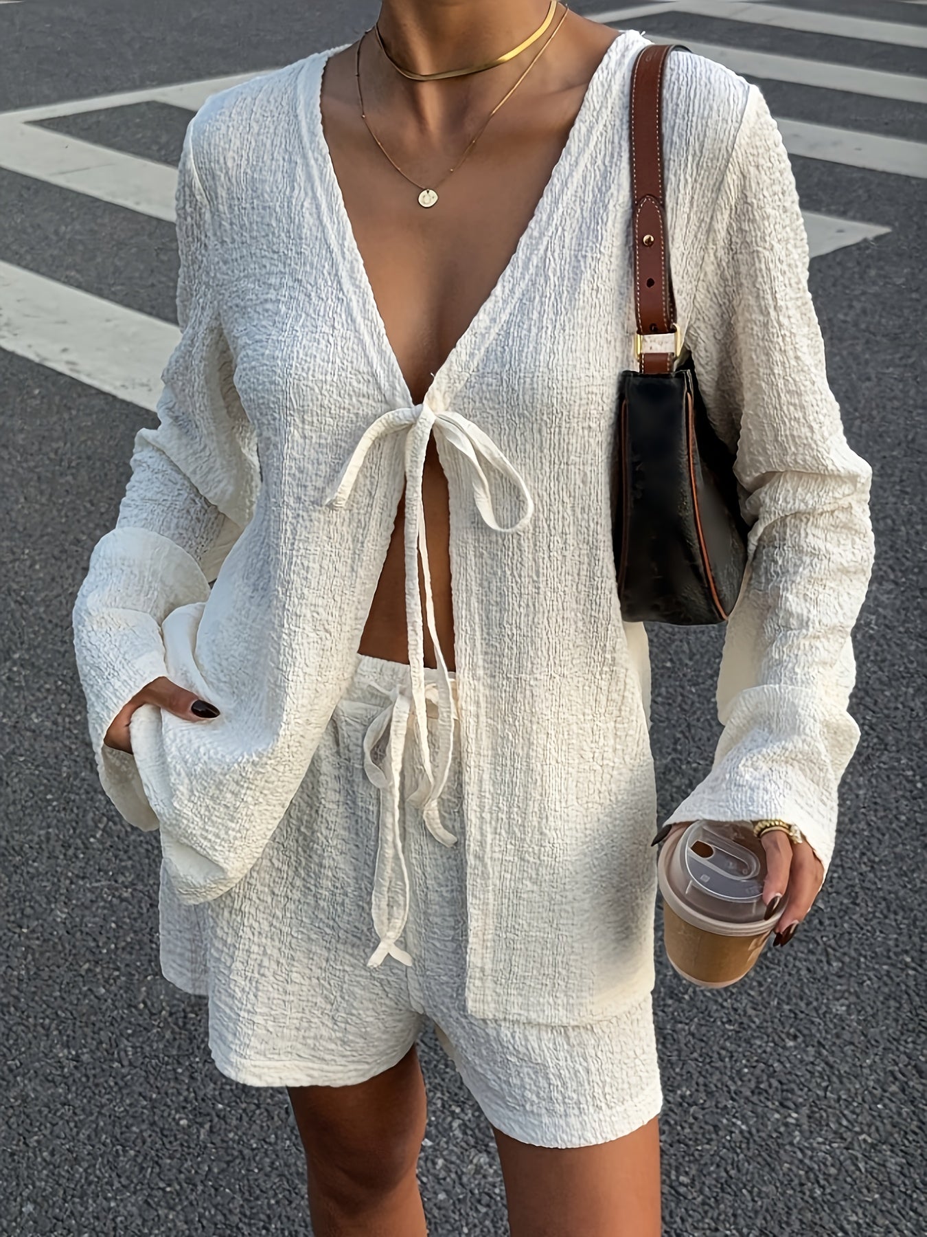 Women's Summer Front Tie Long Sleeve Shirt and Shorts Set