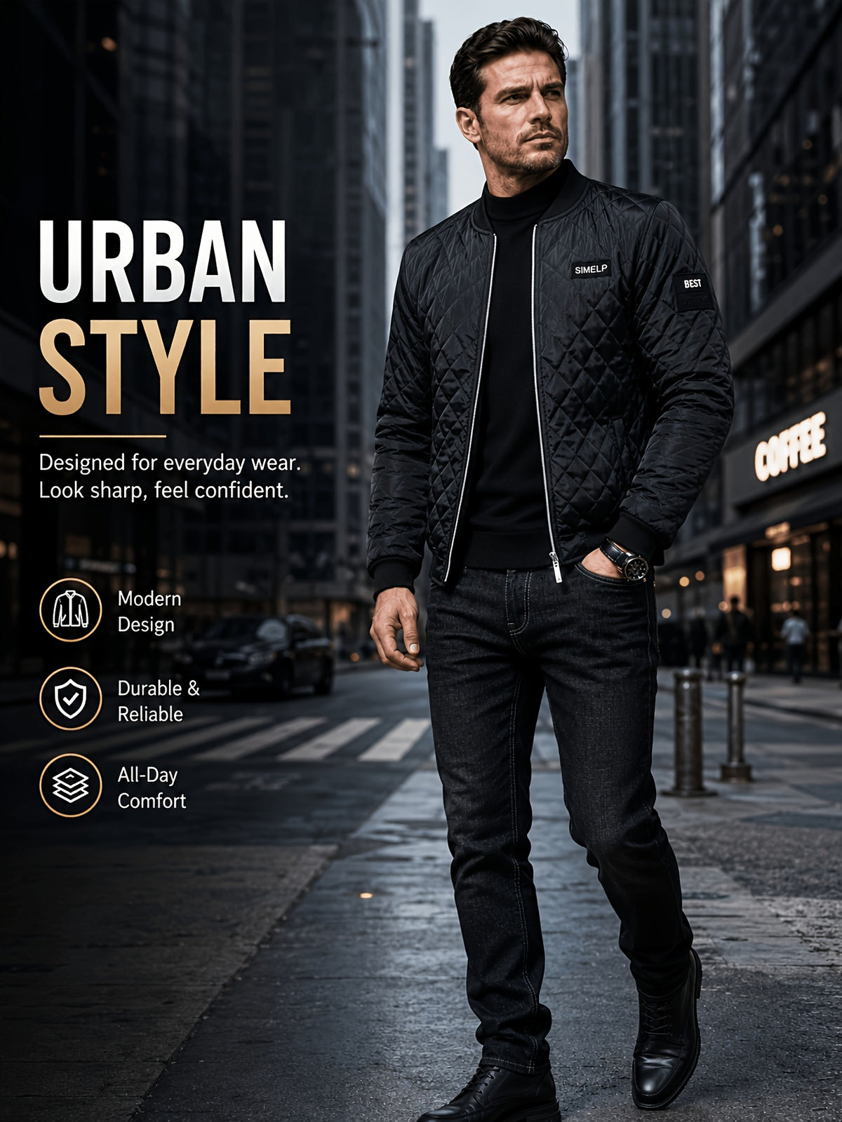 Men's Quilted Bomber Jacket with Ribbed Collar for Fall/Winter
