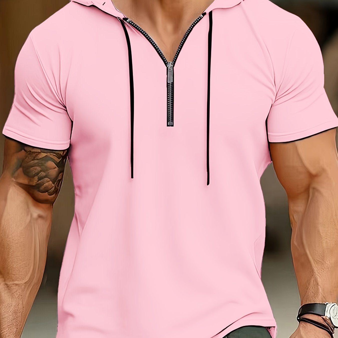 1pc Men's Light Blue Casual Hooded Short Sleeve T-Shirt with 1/4 Zipper, Breathable Stretch Fabric for Gym, Outdoor  Summer Wear, Gym Apparel, Stylish Contrast Detailing, Comfortable Fit