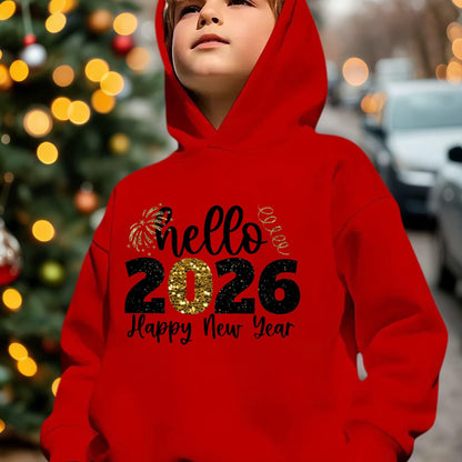 Boys' 2026 New Year Hooded Sweatshirt - Hello 2026 Happy New Year Lettering, Mint Green with Golden Accents, Loose Fit Long Sleeve Pullover for Boys