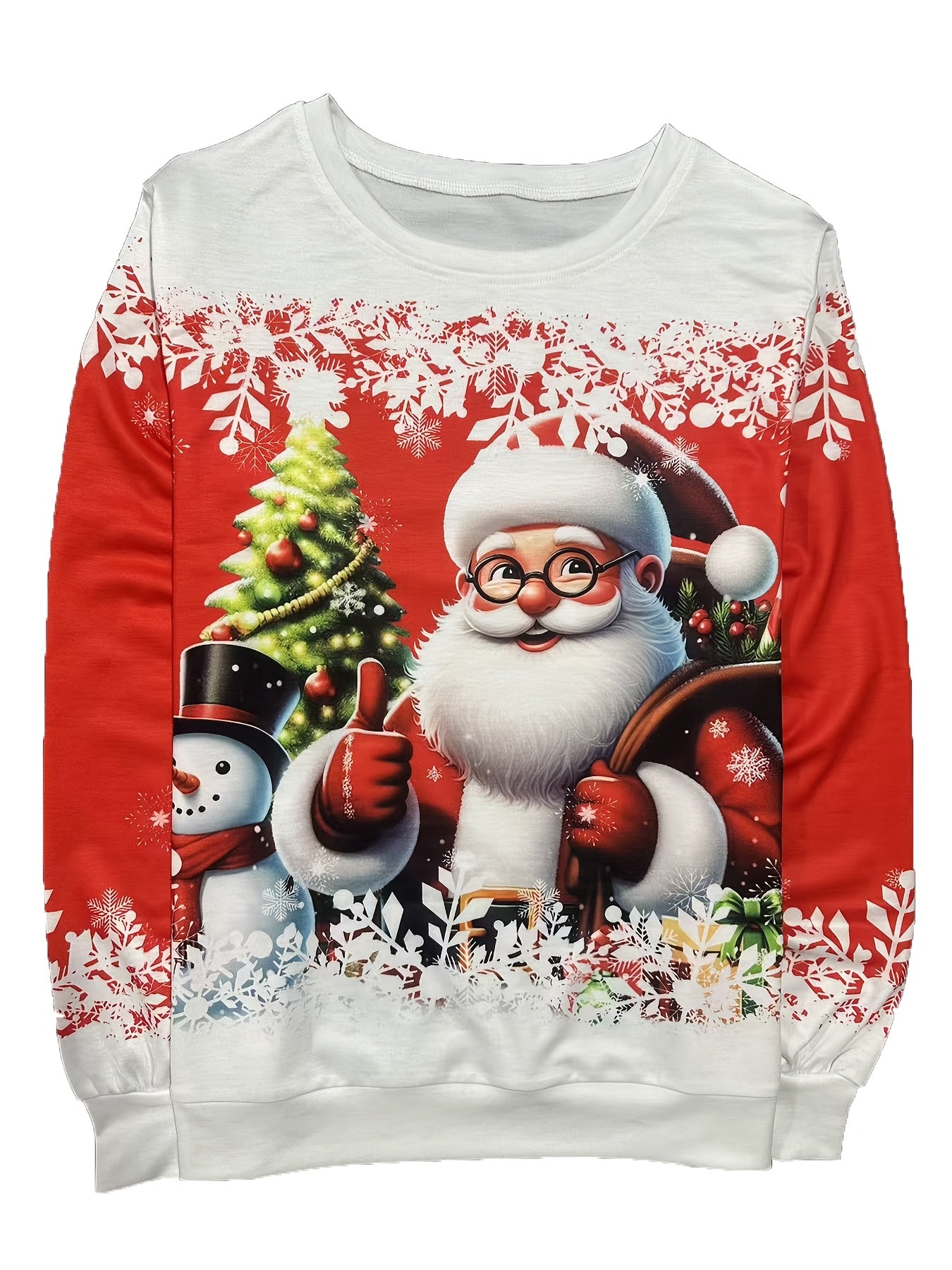 Women'S Red & Christmas Sweater - Long Sleeve Round Neck Winter Warmth with Snowman, Snowflakes & Poinsettia Print - All-Season Casual Pullover for Holiday