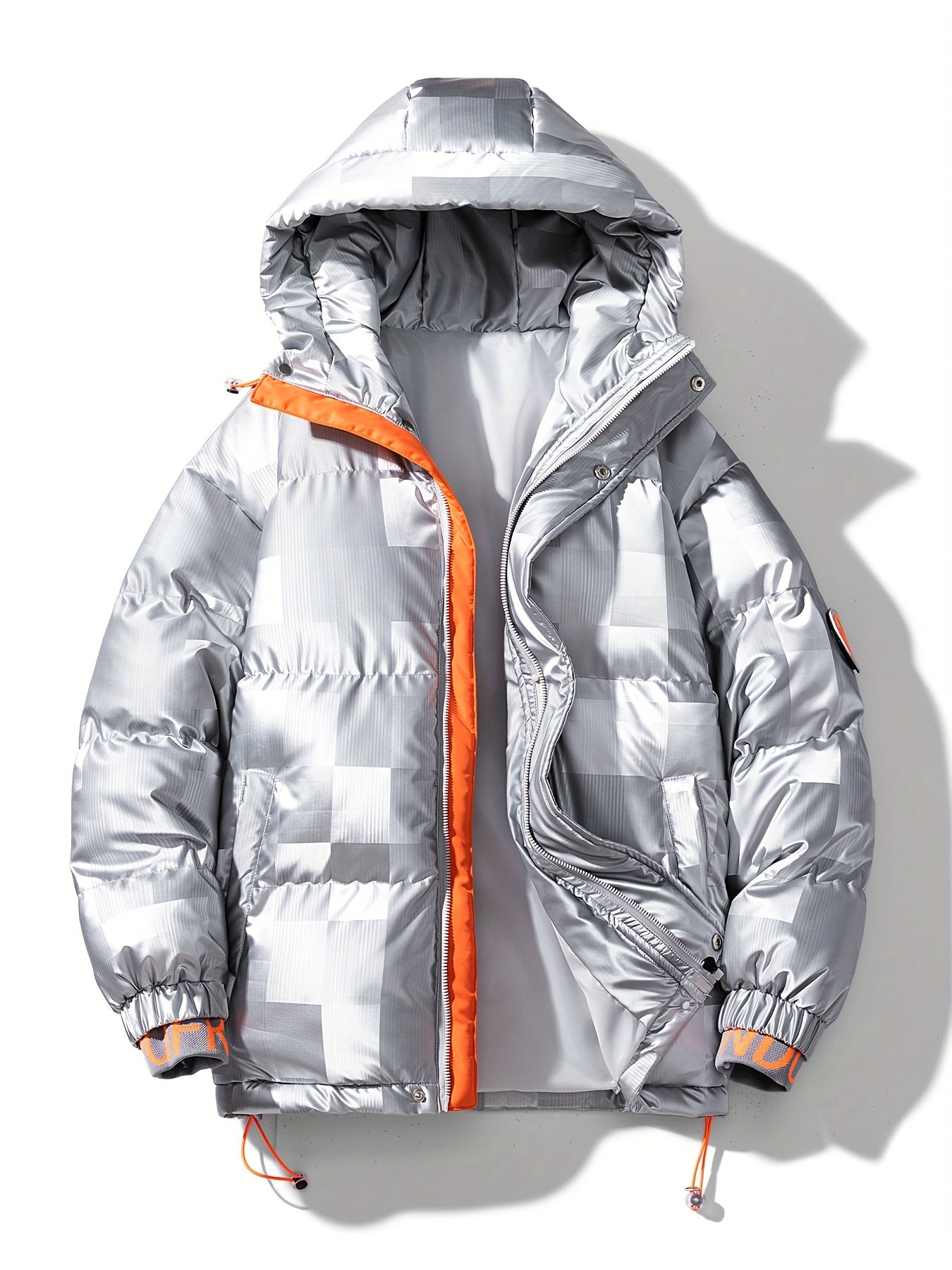 Men's Checkered Graphic Print Padded Outwear With Pockets, Casual Zip Up Long Sleeve Warm Hooded Outwear For Winter Outdoor Activities