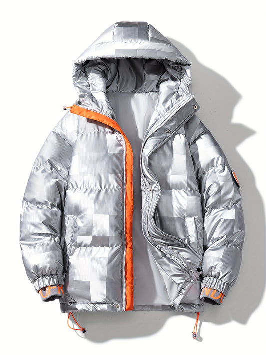 Men's Checkered Graphic Print Padded Outwear With Pockets, Casual Zip Up Long Sleeve Warm Hooded Outwear For Winter Outdoor Activities