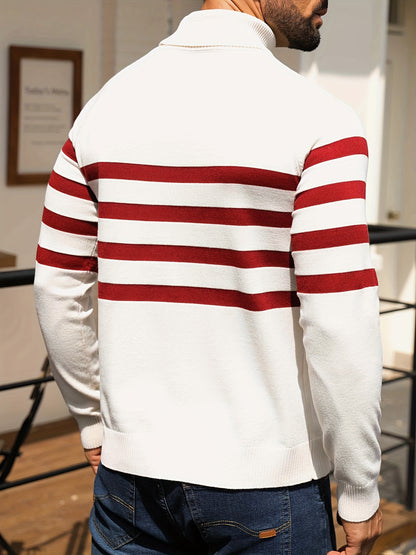 Men's High Neck Long Sleeve Striped Contrast Color Pullover Sweater - ayq