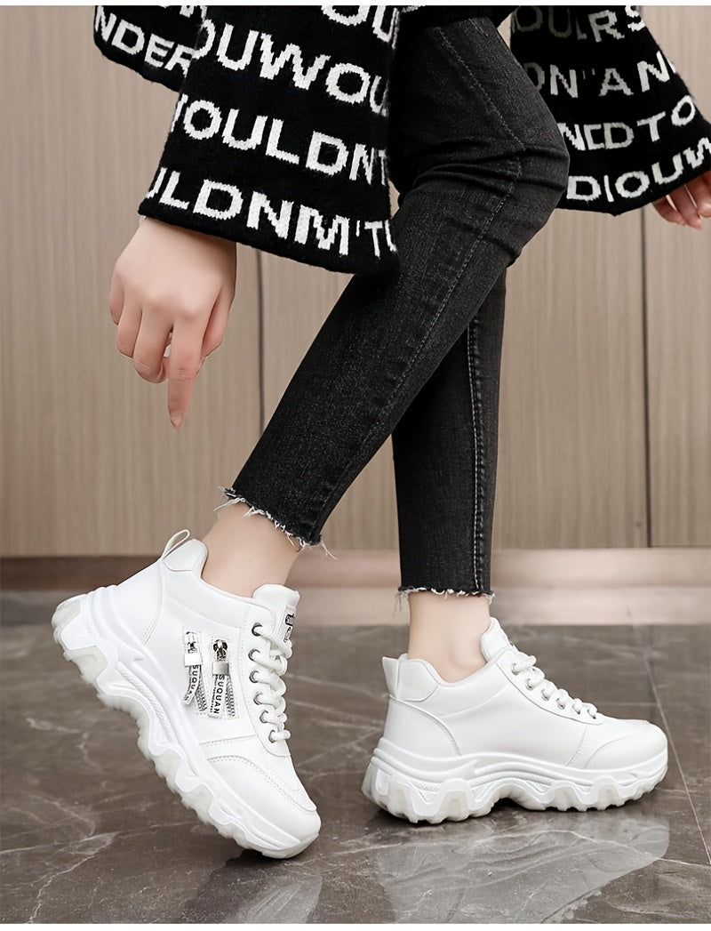 Women's White Platform Sneakers - Chunky Platform Shoes with Cushioned PVC Sole, Lace-Up Low-Top for Everyday, Travel, Office - All-Season Synthetic Cover - Leg-Lengthening Design, Ladies Sneakers, Travel Footwear, Chunky Sol