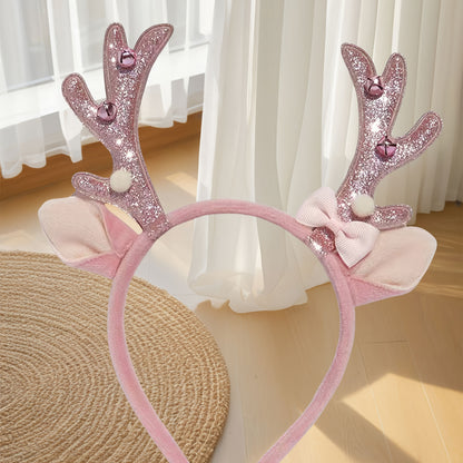 1pc Women's Elegant & Cute Deer Headband with Glittery Antlers, Pink Bow & -like Beads - Pastel Pink Soft Hair Band for Christmas Party, New Year's Eve, Casual Attire - Comfortable Hair Accessory for Women & Teens