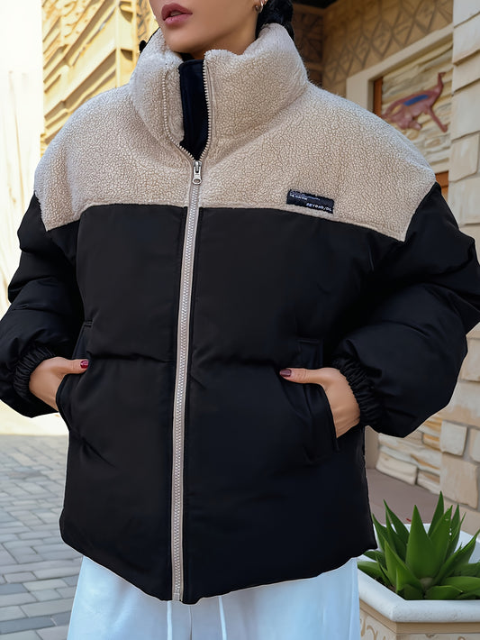 Women's Oversized Winter Coat with Teddy Jacket & Full-Zip Front - Black/Brown Color Block Jacket, Thick Pockets, Machine Washable Cold Weather Outerwear (Casual to Formal) - No Belt Required, Winter Jacket For Women, Jackets