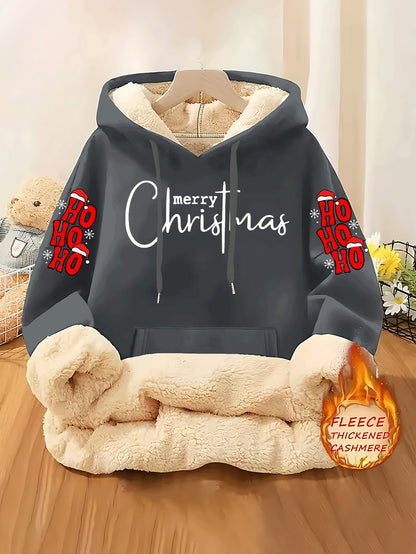 Christmas & Merry Christmas Letter Element Printed Women's Lined Hooded Sweatshirt, Thick and Warm Polyester Fabric Jacket, Suitable for Casual Composite Fabric Warm Clothing for Autumn and Winter Season