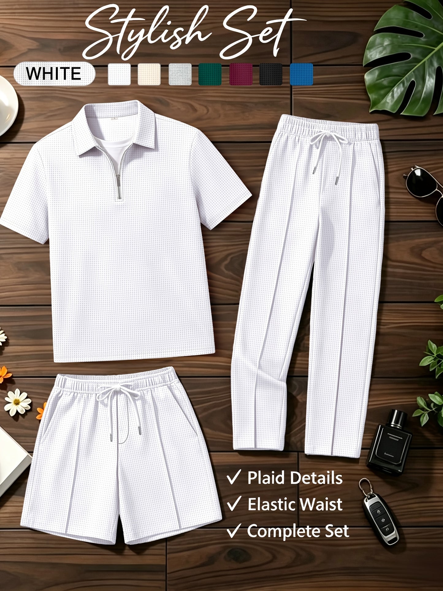 Men's Waffle Knit Quarter-Zip Polo & Drawstring Pants Set