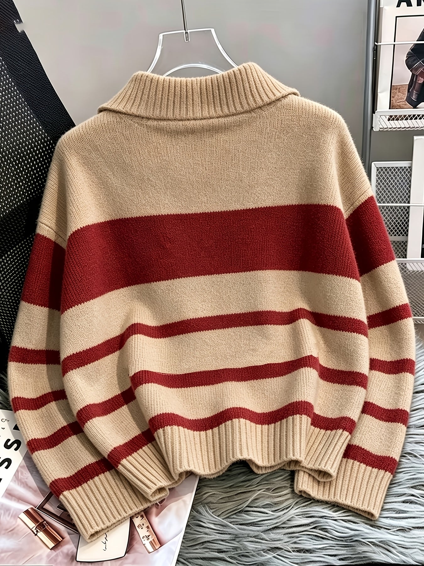 Women's Striped Zip-Up Sweater with Thickened Inner Layer