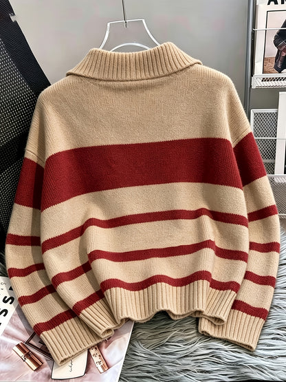 Women's Striped Zip-Up Sweater with Thickened Inner Layer
