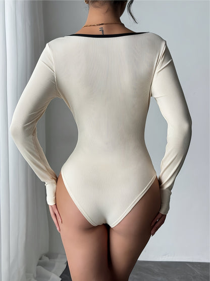 DP053391 Color-Block Square Neck Bodysuit, Long Sleeve Bodycon Jumpsuit – Stylish and Sexy Design with Versatile Fit for a Fashionable Look