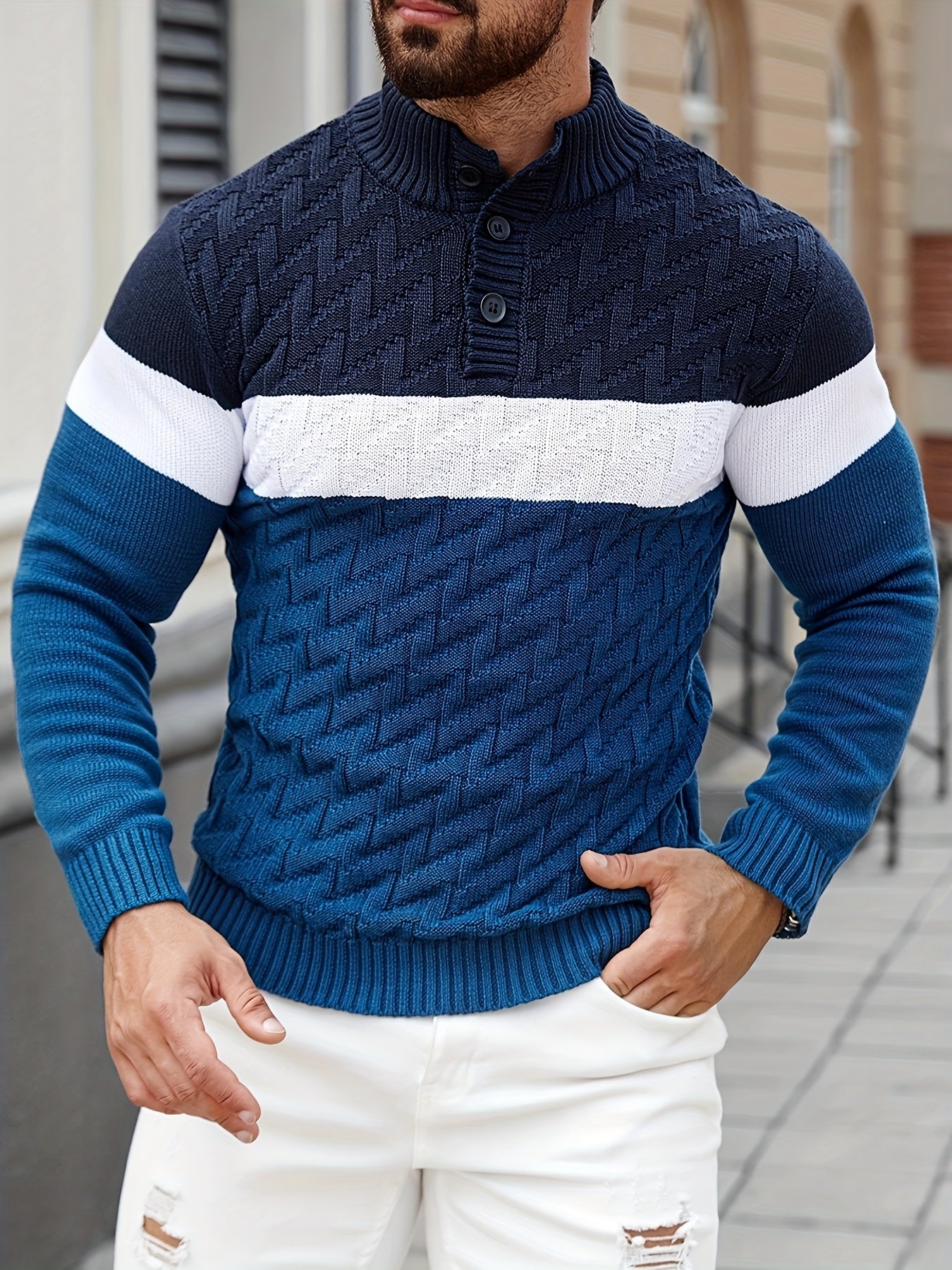 Men'S Stand Collar Pullover | Casual Fashion Quarter Button Stitching Knitwear with Geometric Pattern, Long Sleeve, Regular Fit for Fall/Winter - ayq