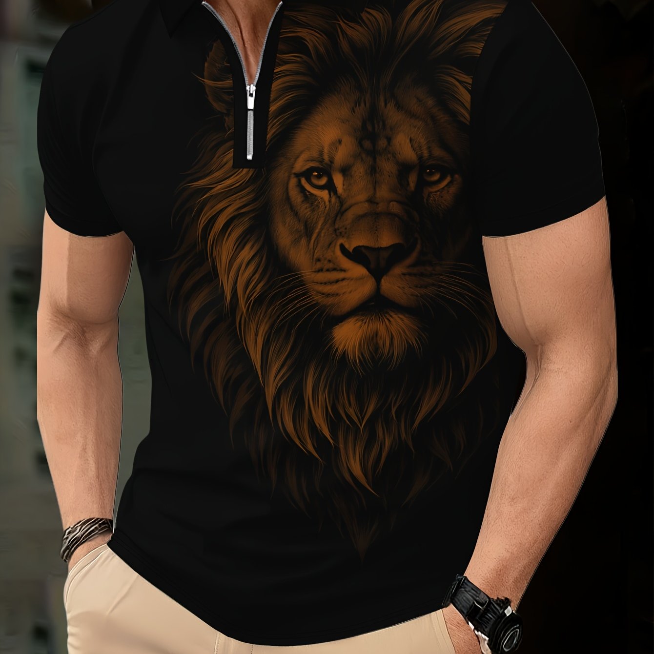 Men's Zip Shirt Short Sleeve Summer Trendy Lion Print Collar T-Shirt Business Casual Slim Fit Men's Top Women's Clothing