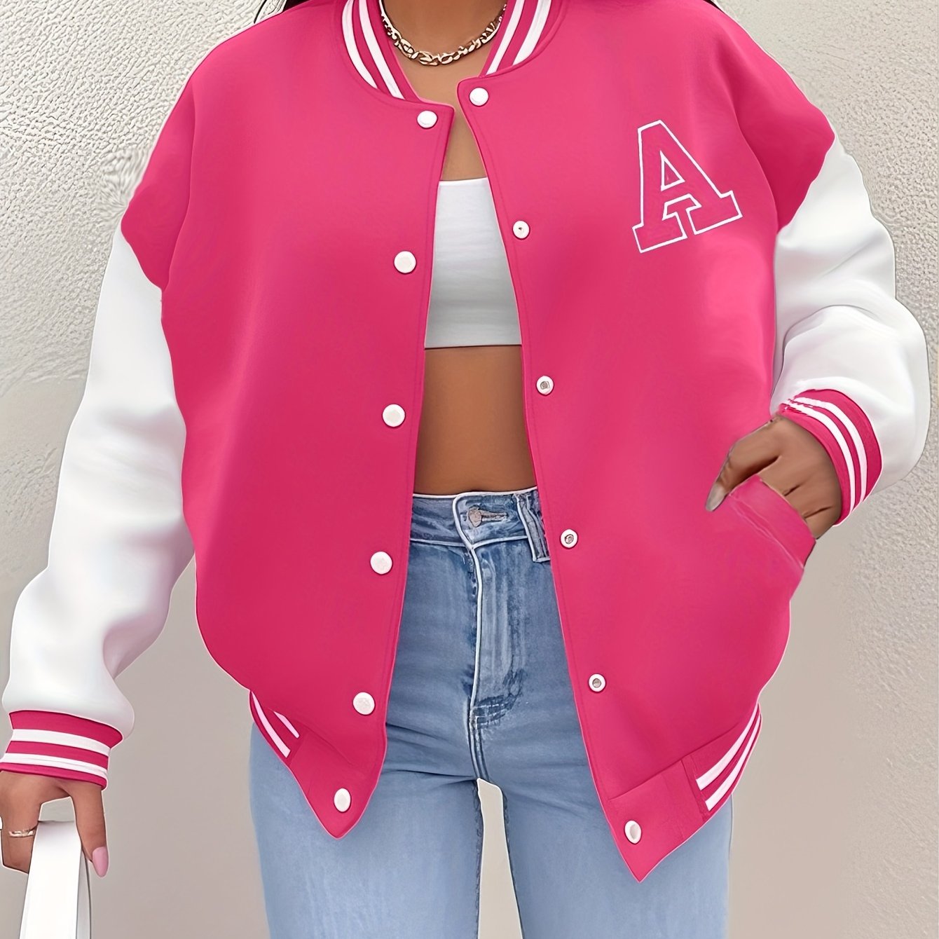 Women'S Casual Long Sleeve Baseball Jacket with "A" Letter Detail - Black & Beige Two-Tone Design, Button-Up Front, Flap Pockets, Fall/Winter Fashion Outerwear, Autumn Winter Apparel | Buttonup Jacket | Functional Pockets