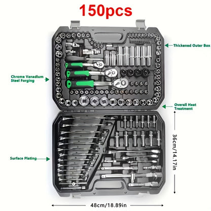 150/46pcs Professional All-in-One Auto Repair Tool Set Compatible for European- Heavy-Duty Alloy Metal Toolbox with Ratchet Torque Wrench, Hex Bit Screwdriver Kit, Multi-Size Car Mechanic Tool Kit for DIY& Professional Mechan