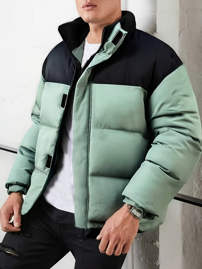 Men's Winter Color-Block Jacket with Stand Collar - Black & Casual Outdoor Warm Coat, Polyester-Filled Zipper Front, Regular Fit for Cold Weather, No Stretch Fabric
