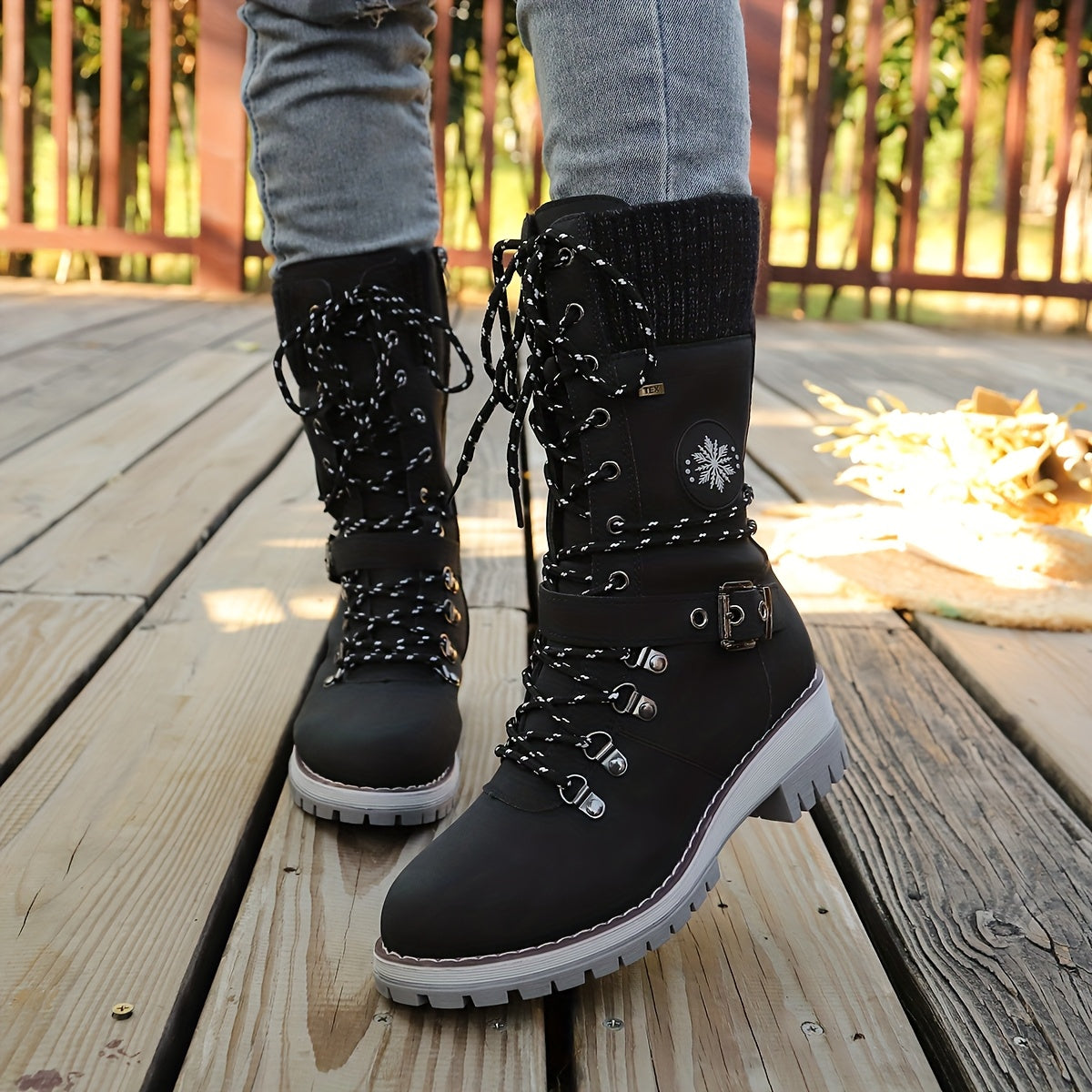 Women'S Comfortable Knitted Mid-Calf Winter Boots - Anti-Slip Side Zipper Lace-Up Design, Thick Sole, Fleece-Lined Retro Style in Black/Brown/Beige/Red/White for Casual Wear, Women Cowboy Boots, Women Winter Boots, Women Autu