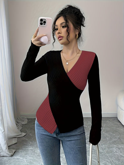 Women'S Elegant Color Block Long Sleeve T-Shirt - V-Neck, Slim Fit, & Pink, Comfortable & Stylish for Spring/Fall, Versatile Casual or Dressy Outfits, Versatile Fashion | Vneck Top | Construction, Ladies T Shirts