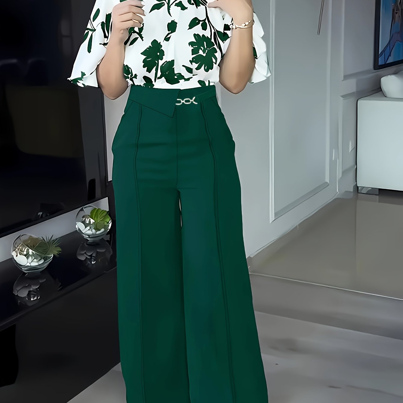 ZD0410952 Women's Printed Spring/Summer Elegant Commuter Casual Shirt 2pcs Set