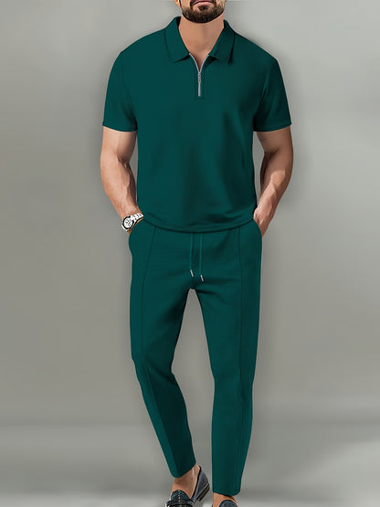 Men's Waffle Knit Quarter-Zip Polo & Drawstring Pants Set