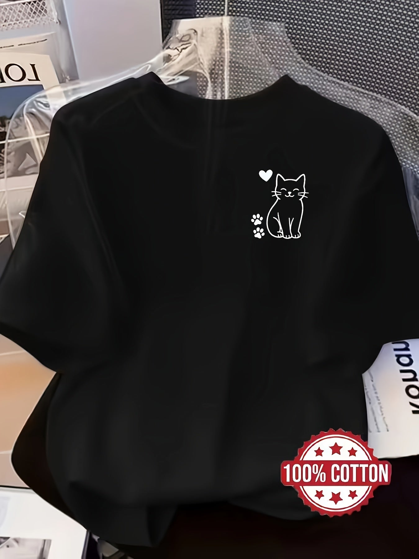 Women’s Casual Cotton T-Shirt with Cute Cat Print, All-Season