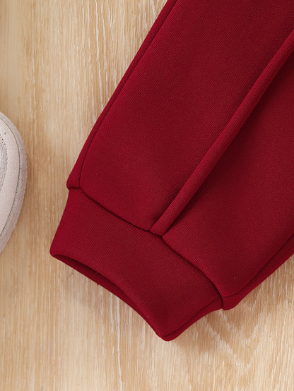 2pcs Girls' Fleece Hooded Sweatsuit Set - Oversized Hoodie & Jogger Pants with Elastic Waist, Thick Warm Winter Outfit, Machine Washable Red Sweatsuit for Casual Casual Attire & Clothing (Matching Outfit) - Cozy Fleece Fabric