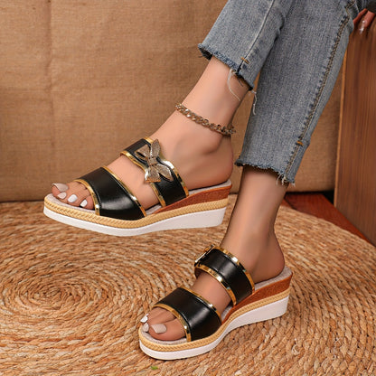 Women'S 2024 New Fashionable Slip-On Wedge Sandals with Fish Mouth Design - Black, Open Toe, Platform Heel, Stylish Ankle Strap, Polyurethane Upper, Rubber Sole, Flax Insole, Casual Footwear   Fashionable Footwear   Stylish S
