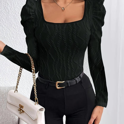 Autumn and Winter New Square Neck Textured Fabric Bubble Sleeve Elegant Long-Sleeve Women's Top