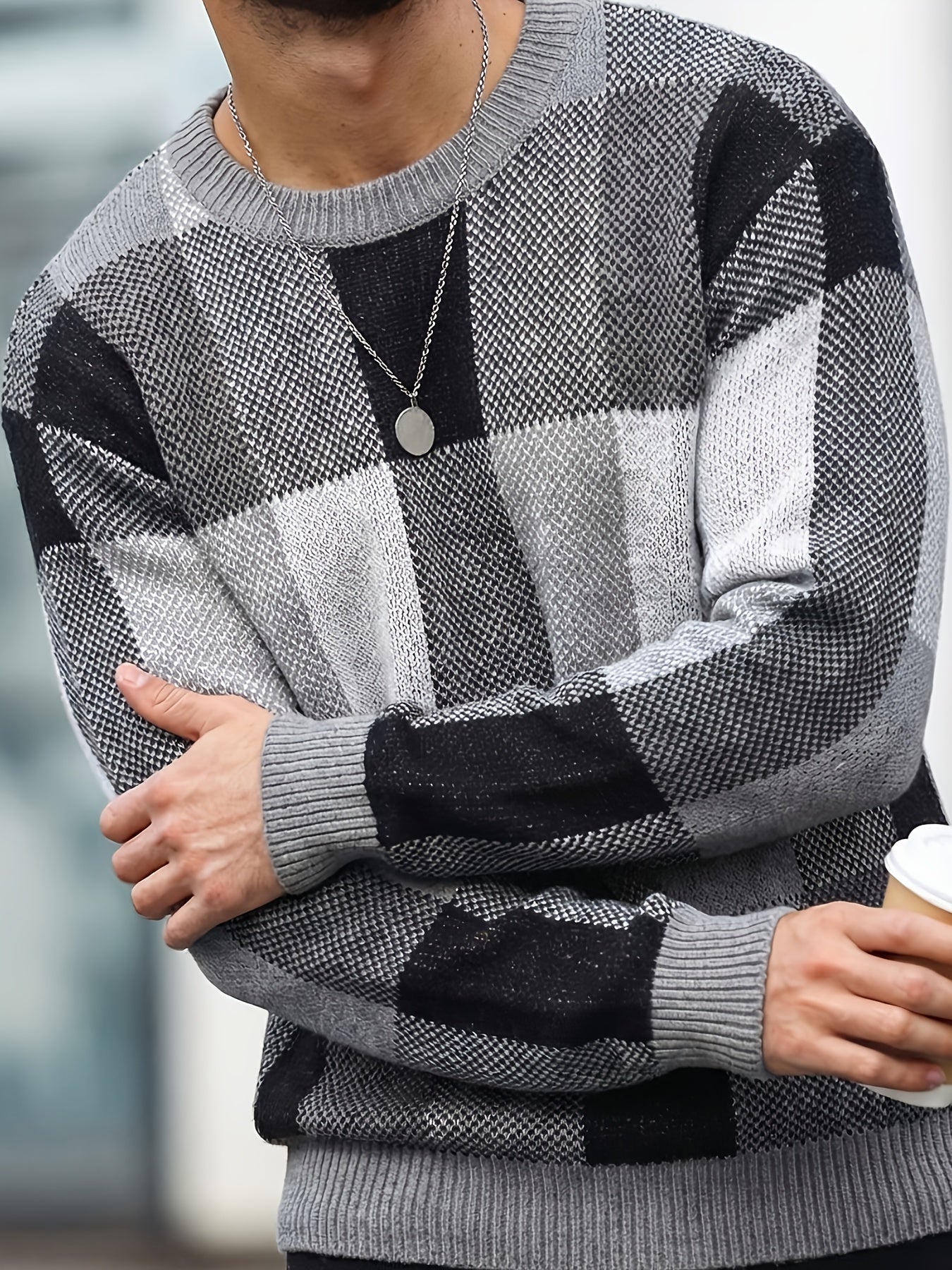 Men'S Casual Plaid Crew Neck Knit Sweater | Loose Fit, Long Sleeve, Fashionable Color Block Design, Suitable for Fall/Winter