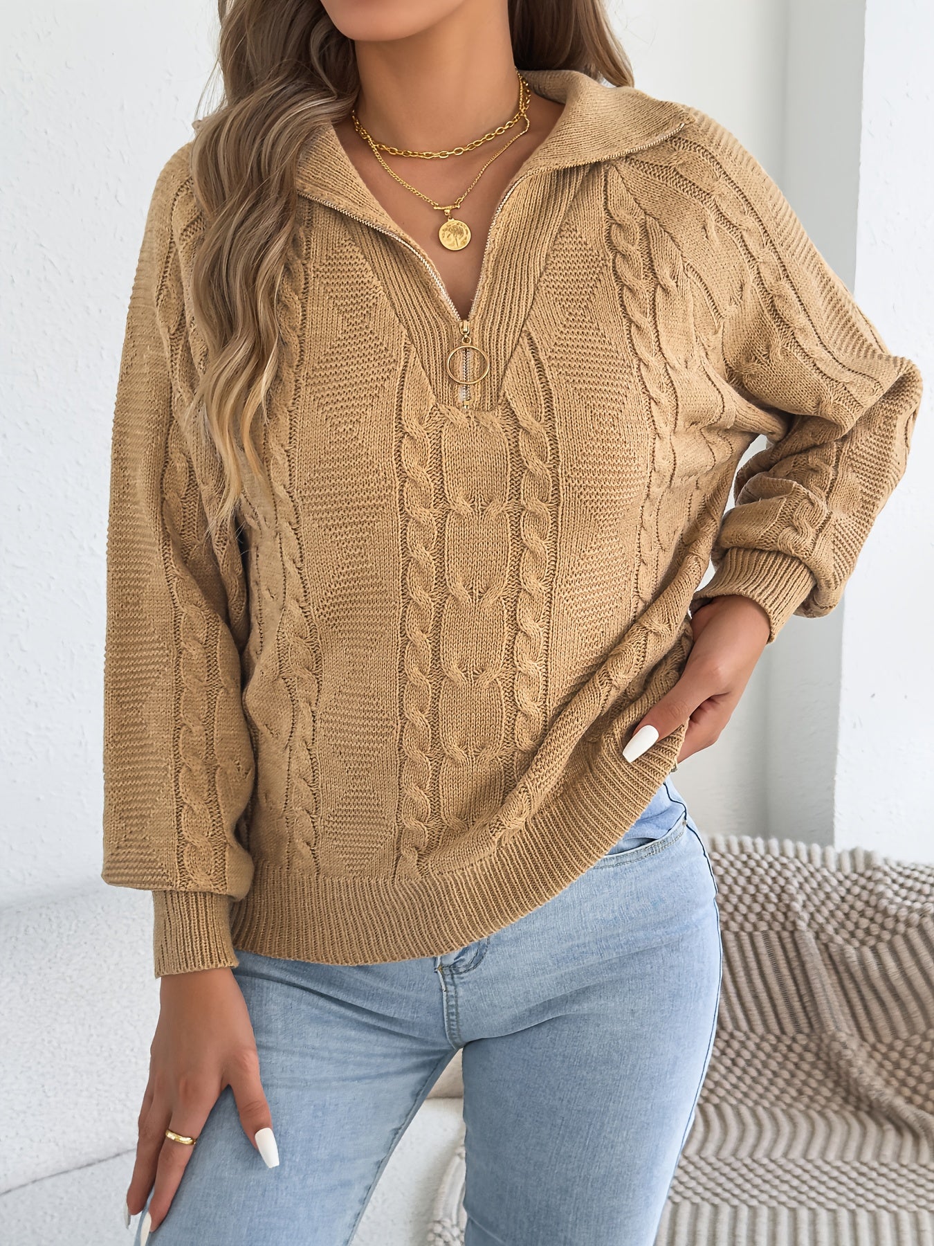 Autumn and Winter Leisure Vacation Pullover Sweater Solid Color Zipper Lapel Women's Sweater