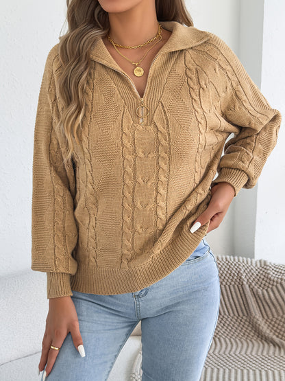 Autumn and Winter Leisure Vacation Pullover Sweater Solid Color Zipper Lapel Women's Sweater