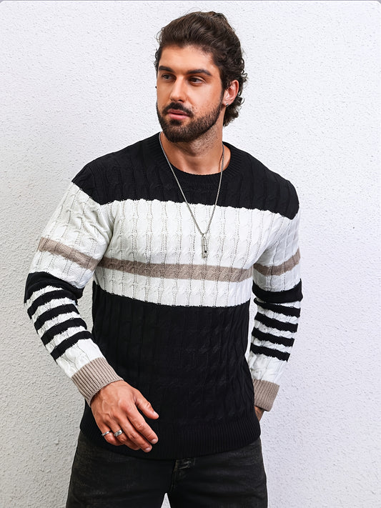Stylish Color-Blocked Striped Cable-Knit Sweater