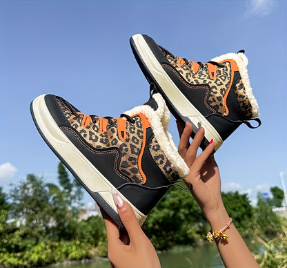 Women'S Stylish Leopard Print Winter Sneakers - Warm Fleece-Lined Casual Shoes with Thick Cushioned PVC Sole, Black & Orange Design, Perfect for Fall/Winter, Winter Sneakers | Leopard Print Shoes | Durable PVC Sole