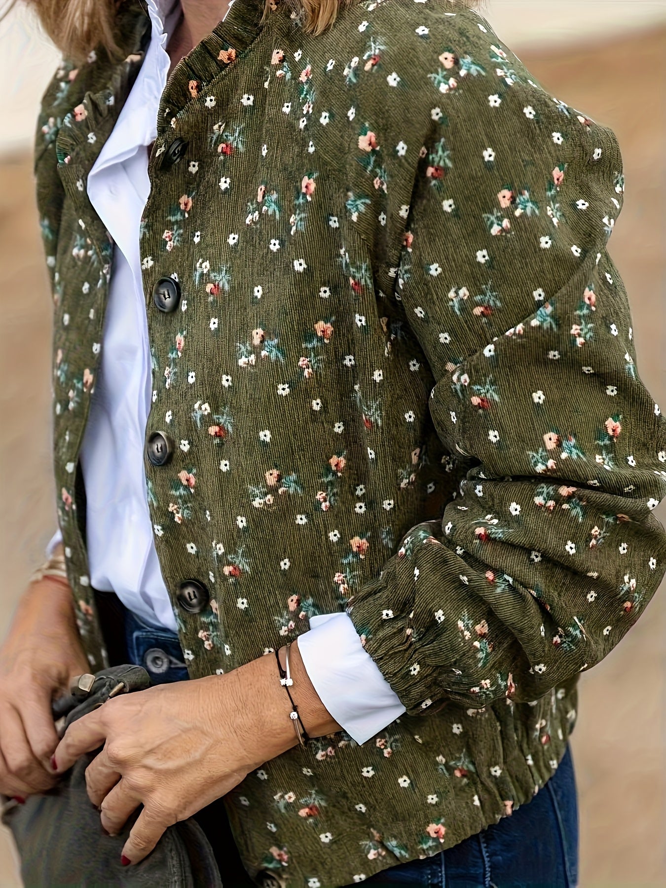 Women's Elegant Vintage Floral Print Pilot Jacket - Dark Green/Black/Brown/Gray/Beige with White/Red/Brown Flowers, Structured Collar & Chest Pockets, Machine Washable Spring/Fall Outerwear, Casual to Formal Events, Retro Sty