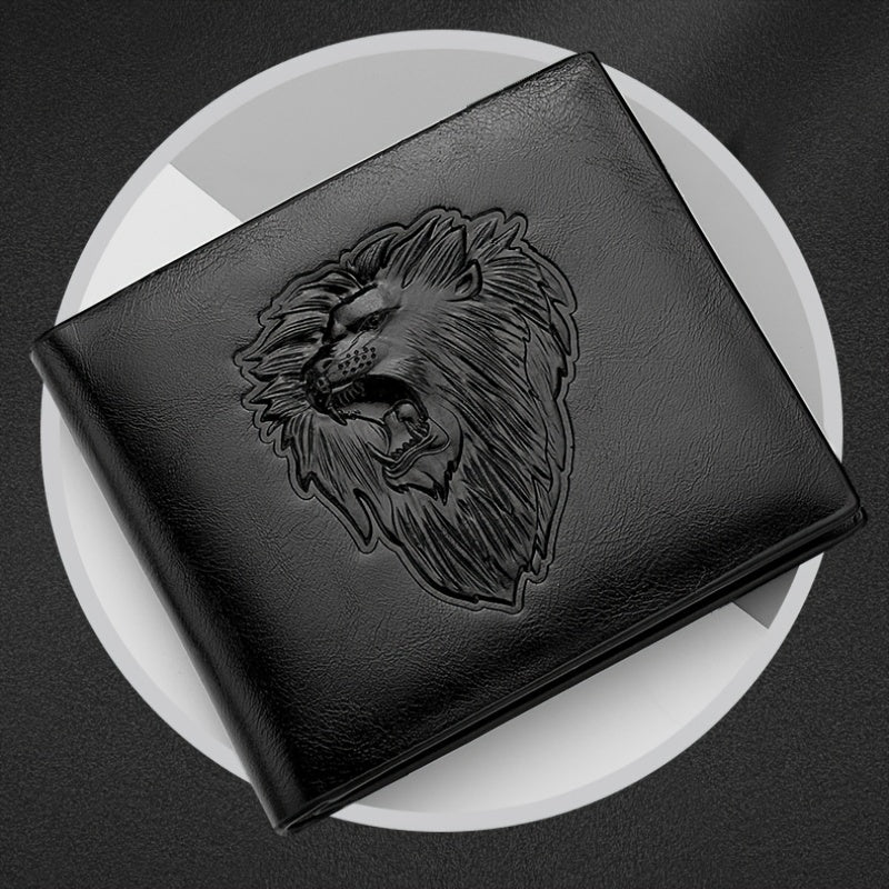 1pc Men's Lion 3D Embossed Pattern Wallet, Business PU Leather Wallet