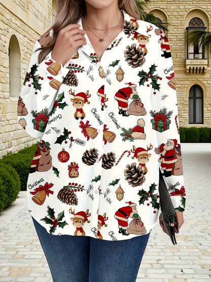 Plus Size, Women's Plus Size Winter Deer & Moose Print Blouse - Long Sleeve Christmas Party Shirt with Collar & Button Front, Red & Black Nordic Winter Pattern, Machine Washable Elegant Casual Holiday Outfits for Christmas &